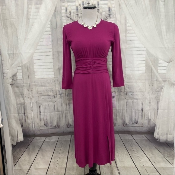 London Times Size 4 Solid Raspberry Purple 3/4 Sleeve Dress A-Line Crew Neck NEW - Picture 1 of 10